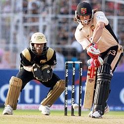 Andrew Symonds of Deccan Chargers in action against the Kolkata Knight Riders in Kolkata on Sunday