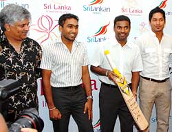 Arjuna Ranatunga, Mahela Jayawardene, Muttiah Muralitharan and Kumara Sangakkara at a press event, organised by Sri Lankan Airways in Mumbai