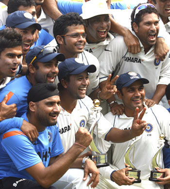 Indian team celebrates win over Sri Lanka