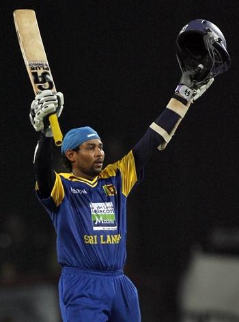 Tillakaratne Dilshan celebrates after scoring hundred