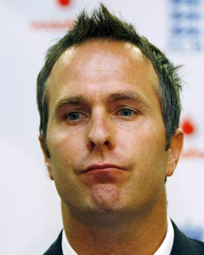 Michael Vaughan at a press conference to announce his retirement