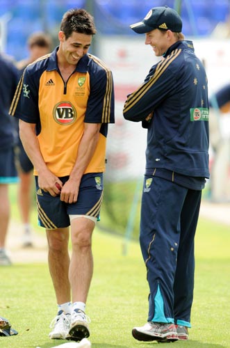 Australia's Mitchell Johnson (left) and Brett Lee during practice before the first Ashes Test