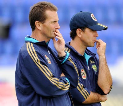 Australia's selection chairman Andrew Hilditch (left) and captain Ricky Ponting look pensive during a practice before the first Ashes Test match against England at Cardiff