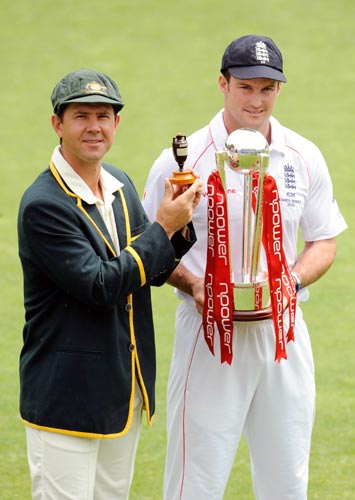 Australia captain Ricky Ponting (left) holds an Ashes urn replica and England captain Andrew Strauss holds the npower trophy before the first Ashes Test against England at Cardiff, Wales