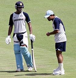 Sachin Tendulkar gives tips to Manoj Tiwary during a nets session in Kolkata