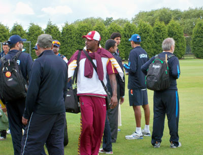 West Indies captain Chris Gayle jokes around with the Indian players