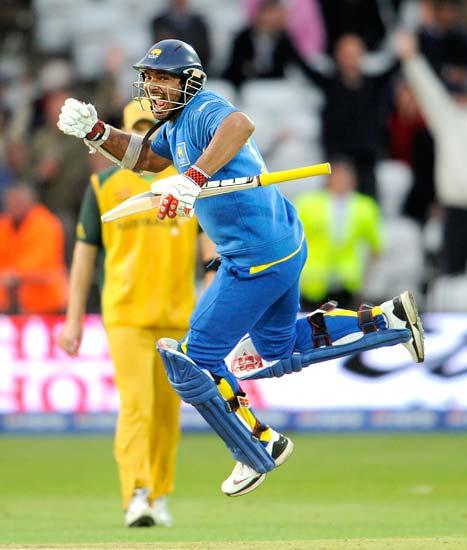 Kumar Sangakkara leaps after his team's victory