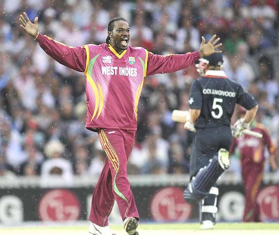 Chris Gayle celebrates after dismissing Ravi Bopara, LBW for 55