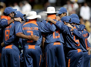 The Indian team in a huddle before the start of the fifth ODI