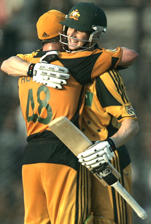 Adam Voges and Mike Hussey celebrate their victory