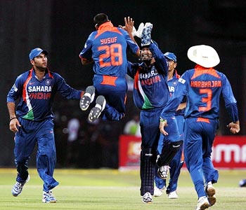 Yusuf Pathan celebrates with team-mates