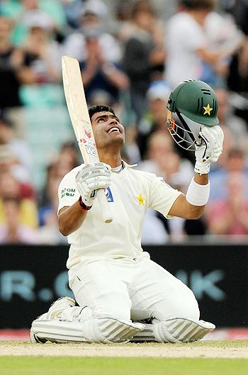 Umar Akmal celebrates after Pakistan defeated England at the Oval on Saturday