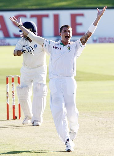 South Africa's Dale Steyn celebrates after dismissing India's Sachin Tendulkar