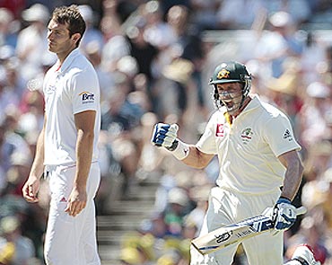 Hussey celebrates his century as Tremlett watches