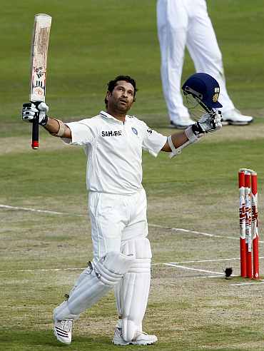 Sachin Tendulkar celebrates after reaching his 50th Test ton