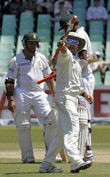 India's Sachin Tendulkar celebrates after India won their second Test against South Africa at Kingsmead Stadium in Durban