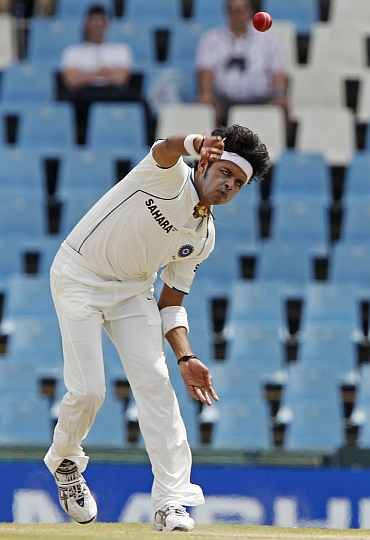 S Sreesanth bowls during the second Test against South Africa in Durban, December 29, 2010. Photograph: Reuters