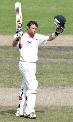 Ian Bell acknowledges the crowd after completing a century against Bangladesh on Monday