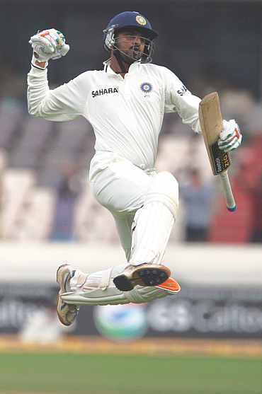 Harbhajan Singh celebrates after reaching his century in Hyderabad