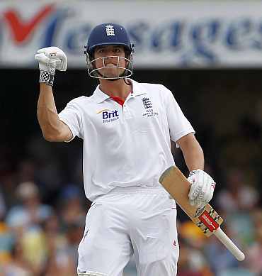 Alastair Cook reacts after reaching his Ashes hundred in Brisbane