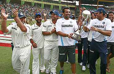 Indian players celebrate after winning the series 2-0