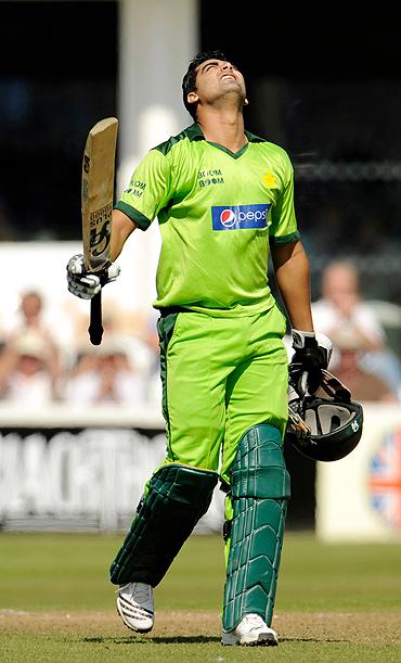 Pakistan's Shahzaib Hasan celebrates his century during the warm-up match between Somerset and Pakistan in Taunton, Somerset on Thursday