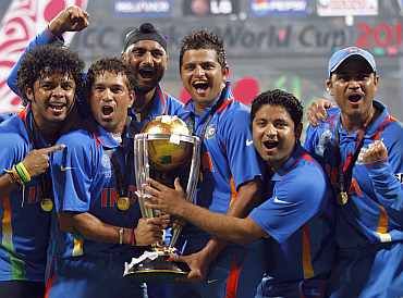 Indian team celebrates after winning the ICC World Cup against Sri Lanka in Mumbai in April 2011