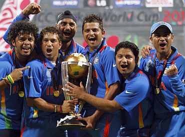 Indian team celebrates after winning the World Cup