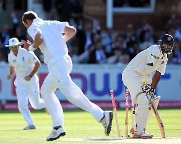 Abhinav Mukund reacts after he is clean bowled by Stuart Broad