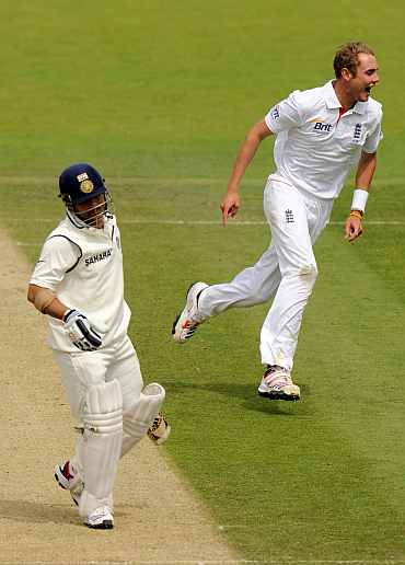 Stuart Broad celebrates after picking Sachin Tendulkar's wicket in the first Test