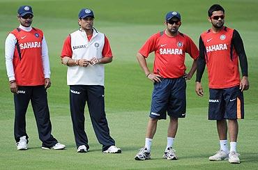 Amit Mishra, Sachin Tendulkar, Gautam Gambhir and Virat Kohli during a nets session at Edgbaston