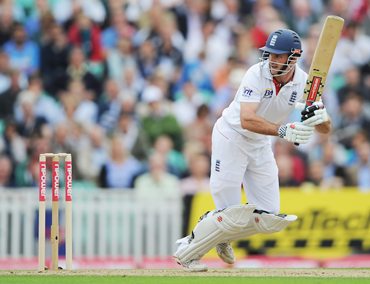 Andrew Strauss plays the ball on the leg side