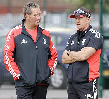 England's batting coach Graham Gooch with team coach Andy Flower