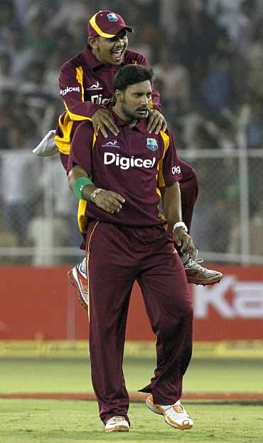 Ravi Rampaul celebrates after winning the match against India