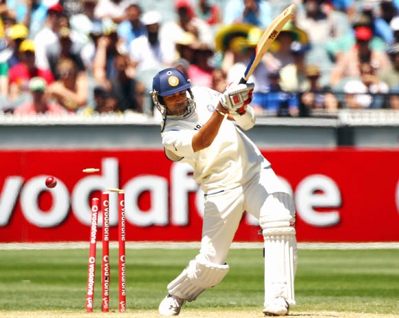 Zaheer Khan is bowled by James Pattinson