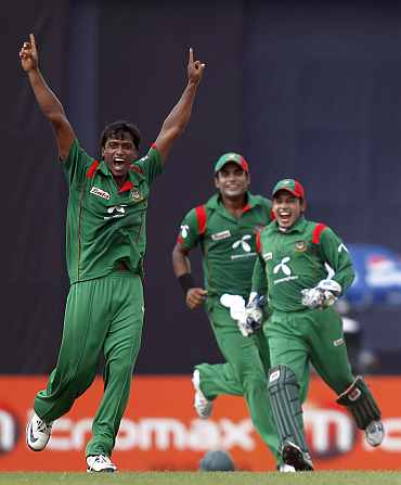 Bangladesh players celebrate after picking up a wicket