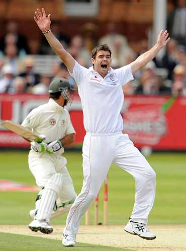 James Anderson celebrates after picking up Ricky Ponting