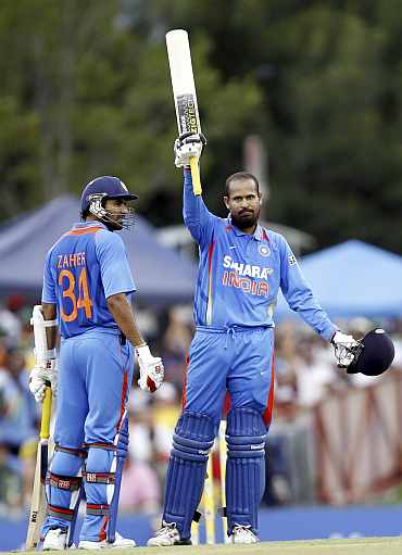 Yusuf Pathan celebrates after hitting a century against South Africa