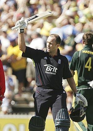 England's Jonathan Trott celebrates his century against Australia on Wednesday