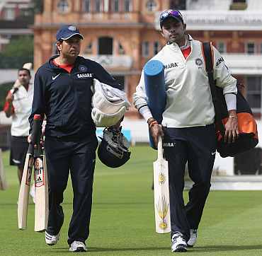 Sachin Tendulkar and S Sreesanth walks back after the practice session at Lord's cricket ground