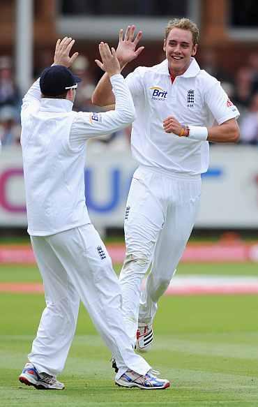 Stuart Broad celebrates after picking Gatuam Gambhir