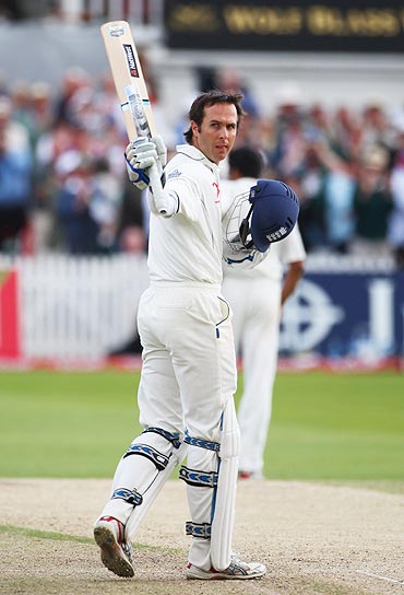 Michael Vaughan celebrates his century against India