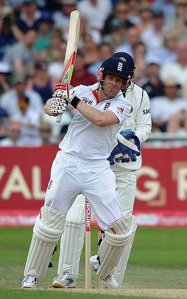 Eoin Morgan plays a shot during his match against England