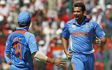 Zaheer Khan celebrates after picking up a wicket