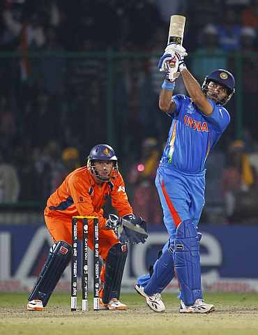 India's Yuvraj Singh plays a shot on the leg side during his knock against the Netherlands