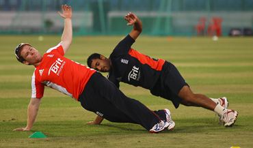 Eoin Morgan and Ravi Bopara during England's training Session at the Zahur Ahmed Chowdhury Stadium in Chittagong.