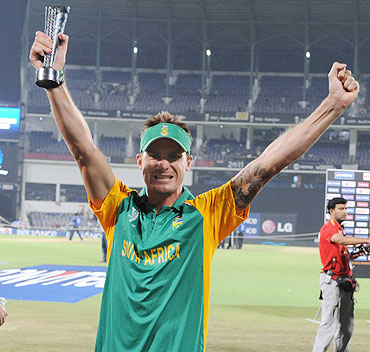 Dale Steyn of South Africa celebrates winning the Man of the Match against India on Saturday