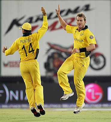 Brett Lee celebrates after picking up a wicket