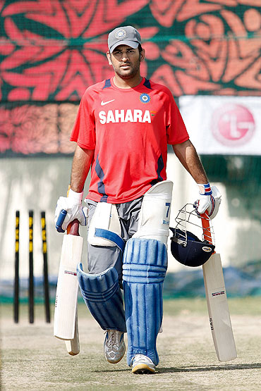Mahendra Singh Dhoni at the nets session in Mohali on Monday