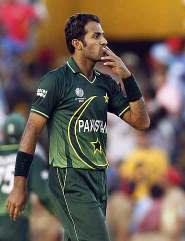 Wahab Riaz reacts after his five-wicket haul against India